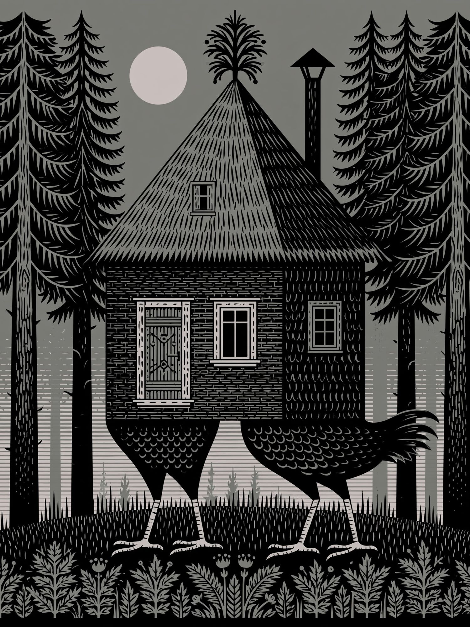 Forest Cabin and Bird Illustration Poster. poster detail