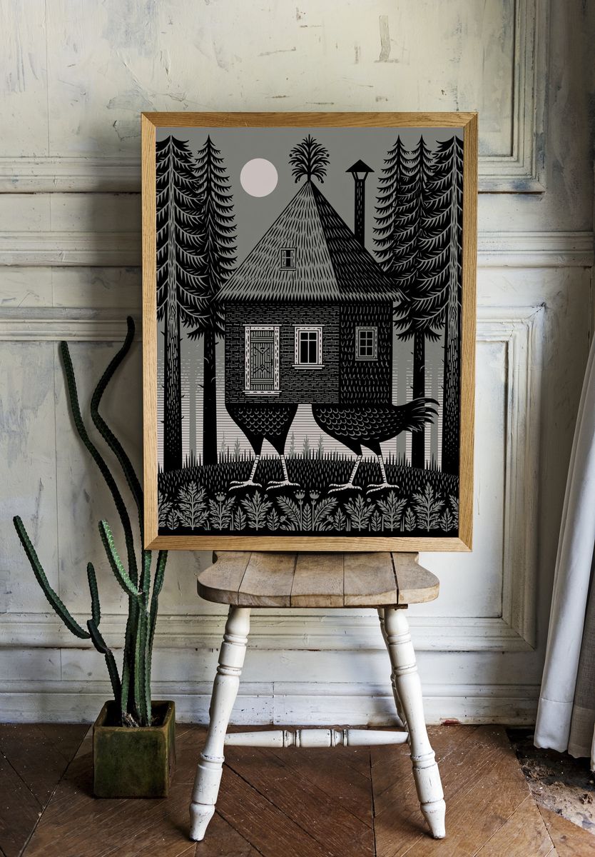 Forest Cabin and Bird Illustration Poster. — room view 1