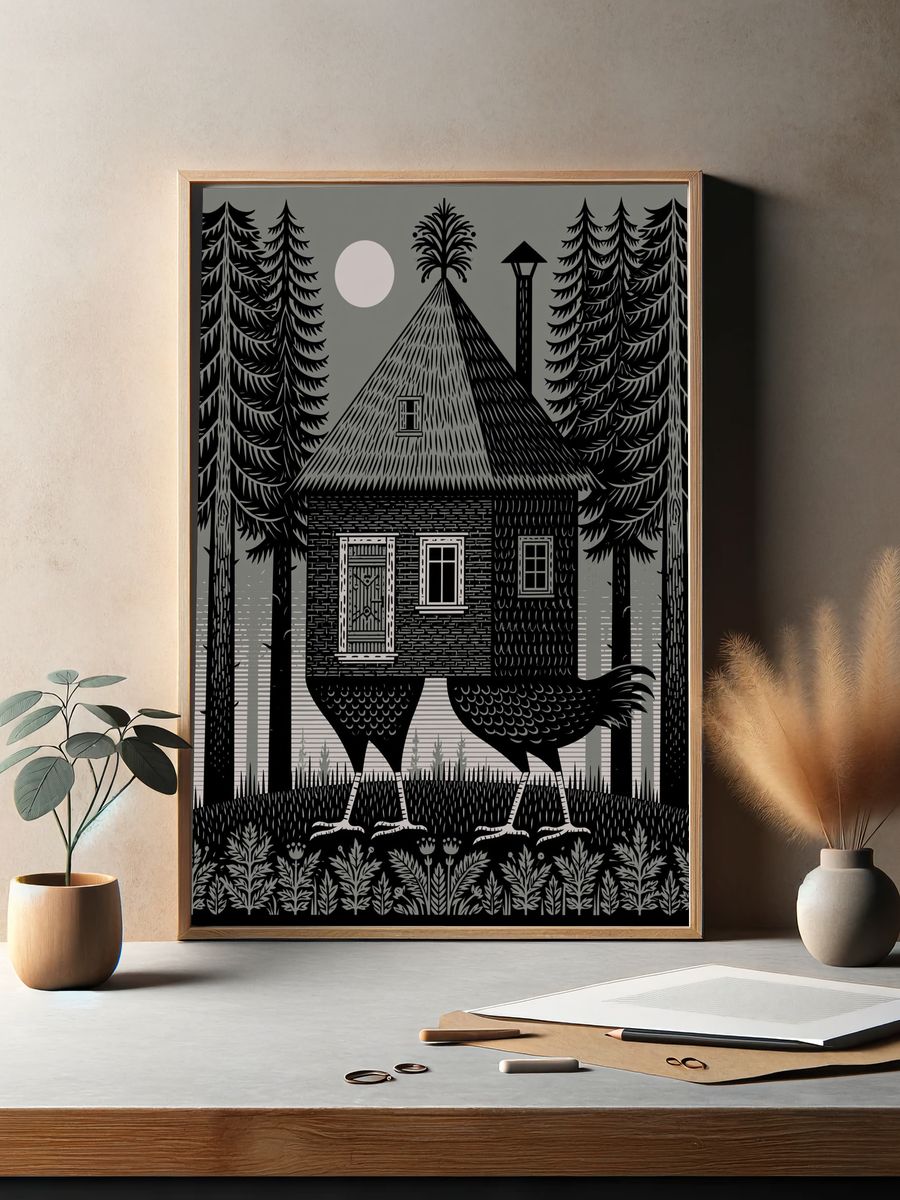 Forest Cabin and Bird Illustration Poster. — room view 2