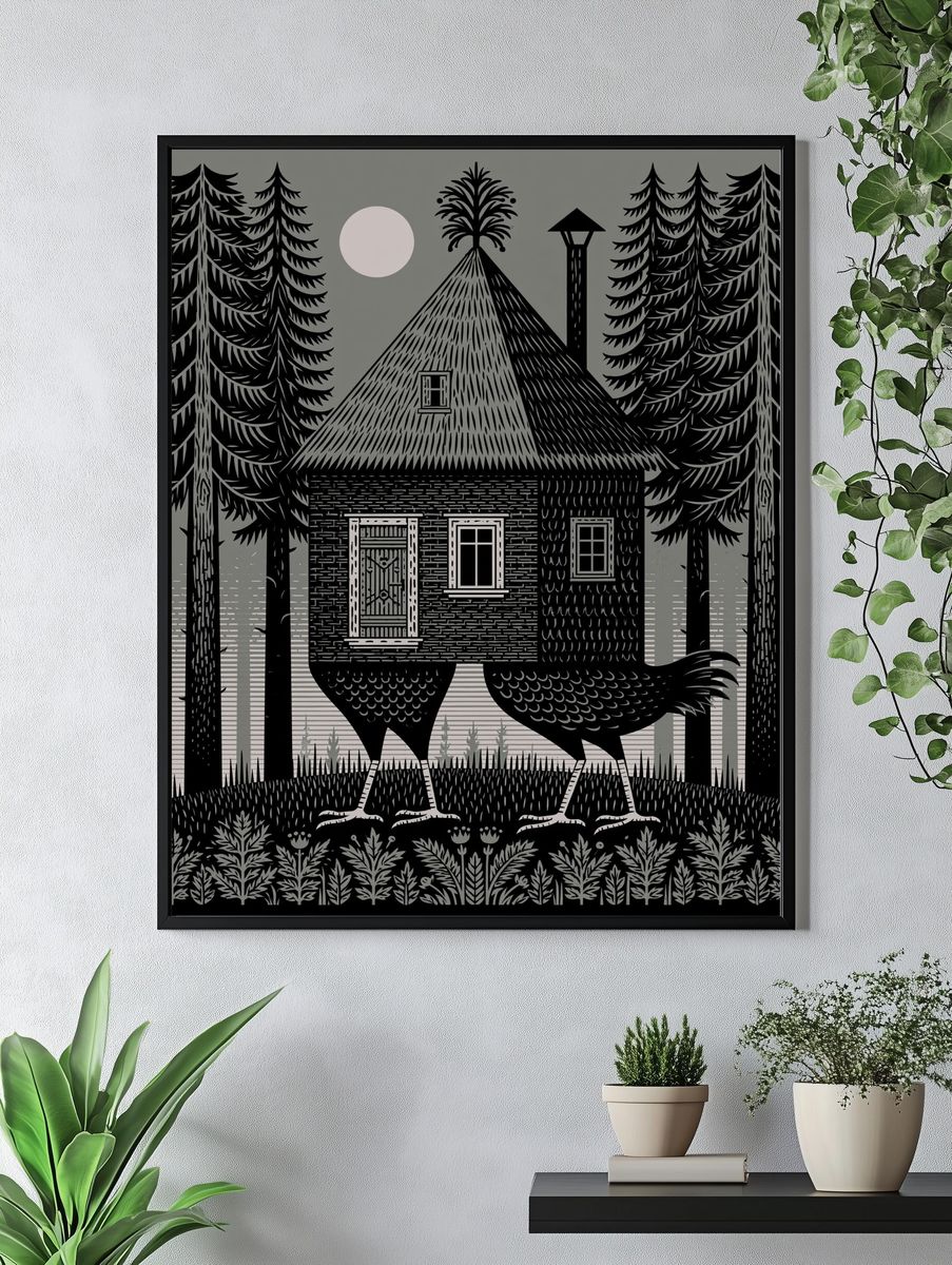 Forest Cabin and Bird Illustration Poster. — room view 4