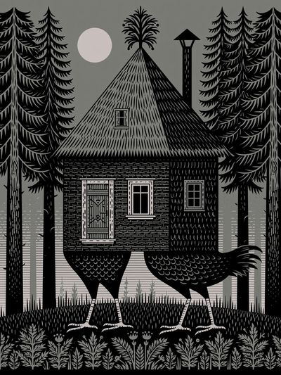 Forest Cabin and Bird Illustration Poster.