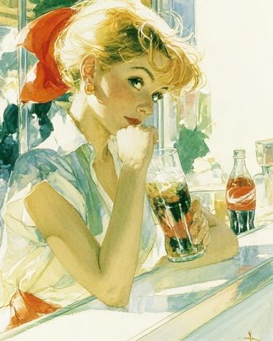 Retro Woman with Soda Watercolor Poster. poster — illustration art