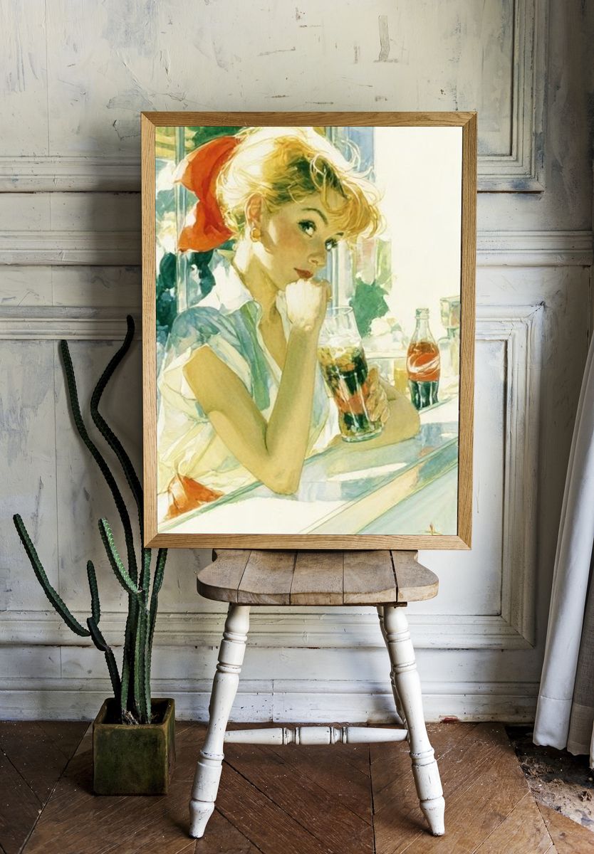 Retro Woman with Soda Watercolor Poster. — room view 1