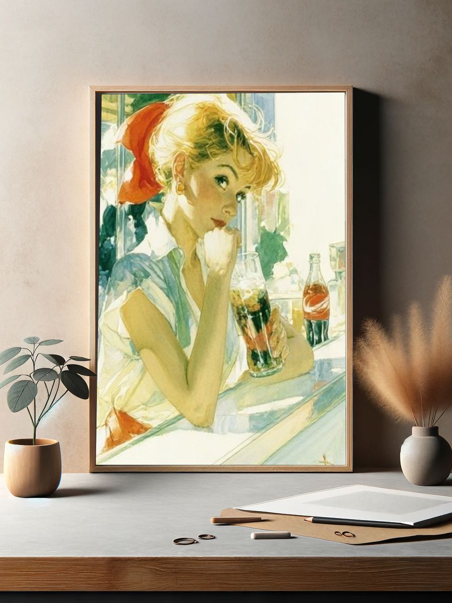Retro Woman with Soda Watercolor Poster. — room view 2
