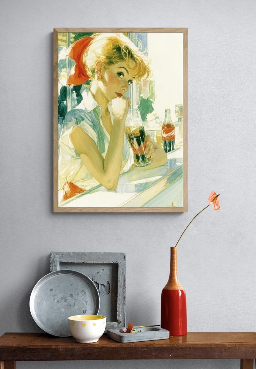 Retro Woman with Soda Watercolor Poster. — room view 3