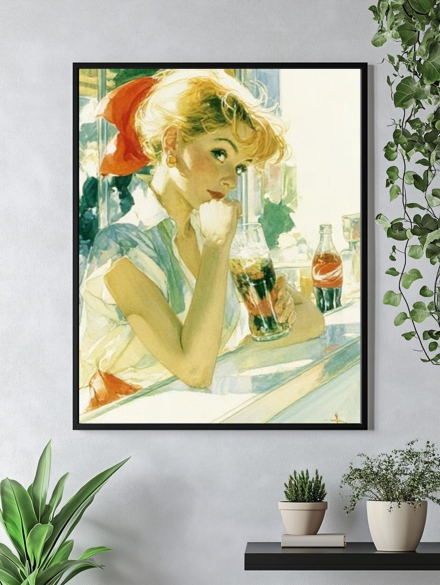 Retro Woman with Soda Watercolor Poster. — room view 4