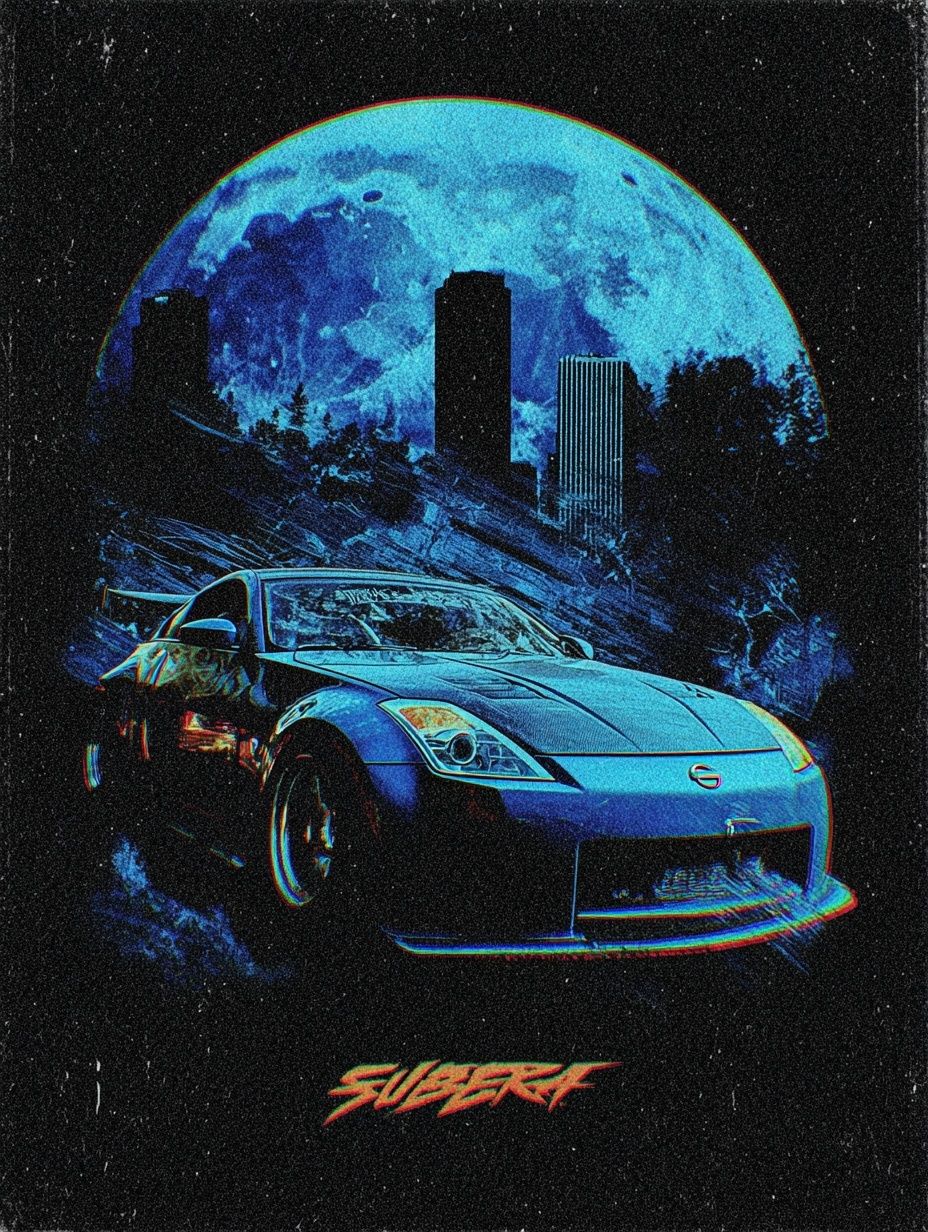 Nissan 350Z Moonlit City Poster. poster — illustration art