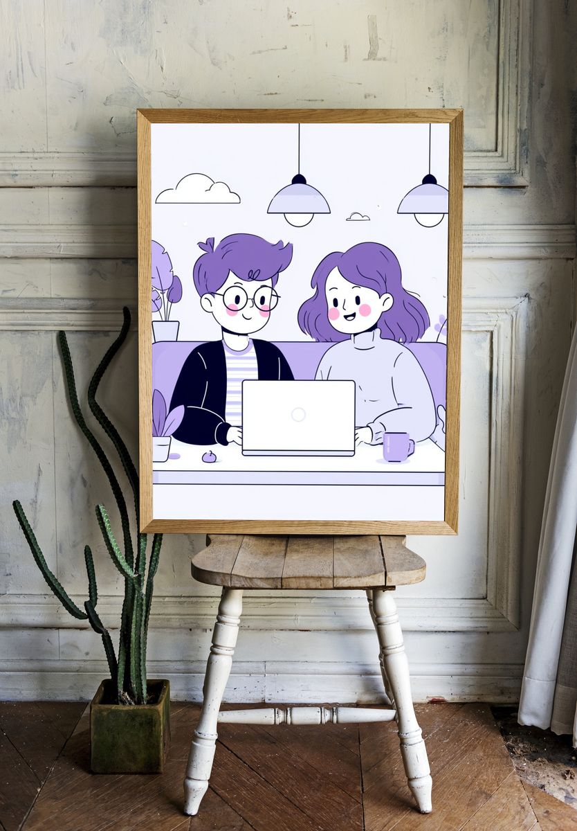 Cozy Couple Laptop Illustration Poster. — room view 1