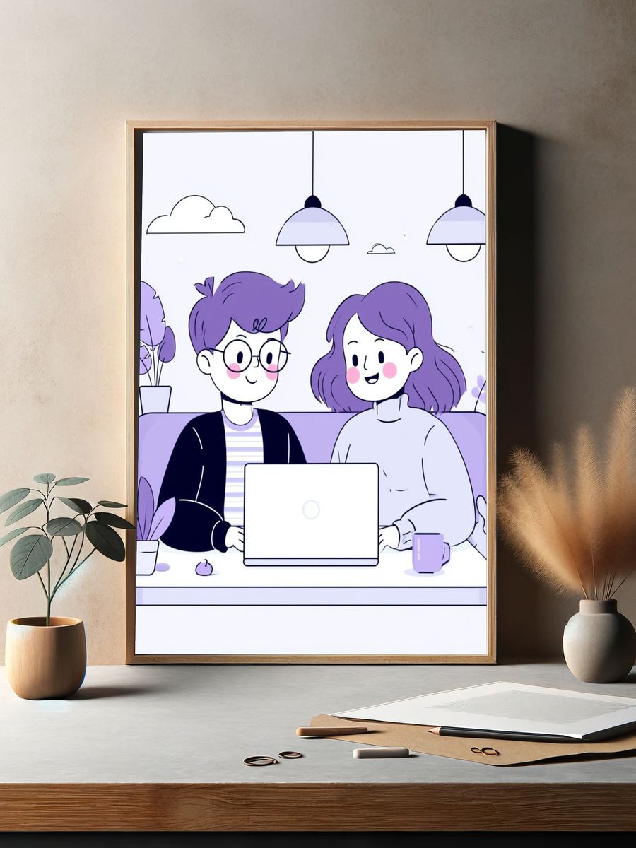 Cozy Couple Laptop Illustration Poster. — room view 2