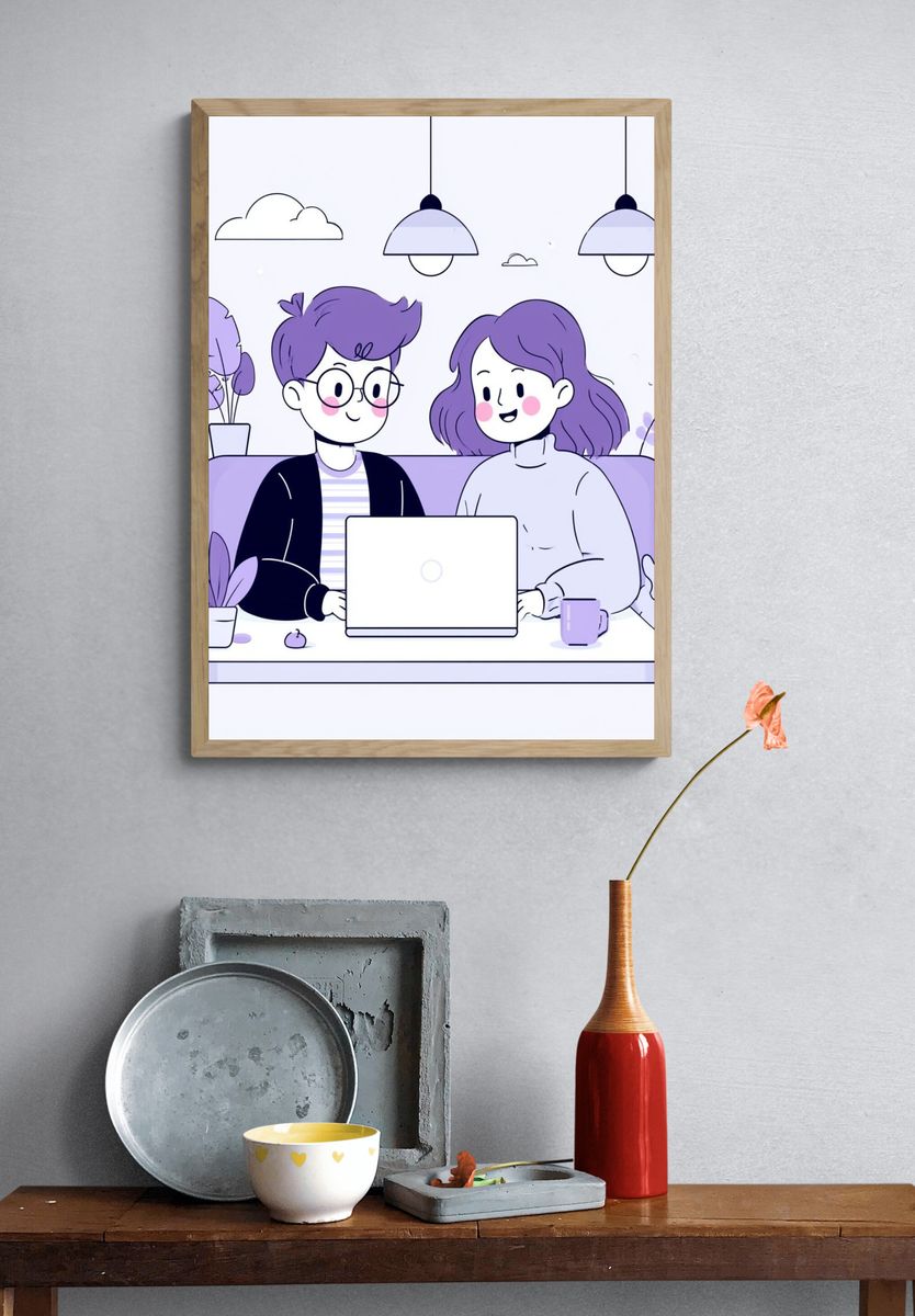 Cozy Couple Laptop Illustration Poster. — room view 3