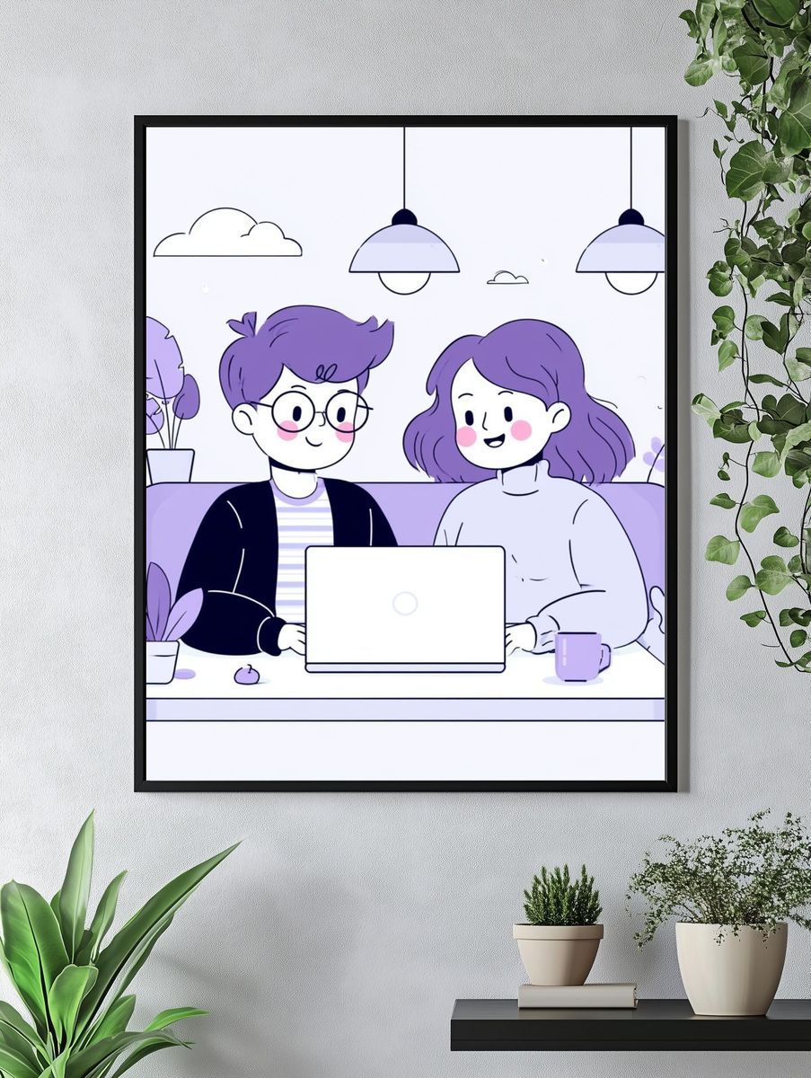 Cozy Couple Laptop Illustration Poster. — room view 4