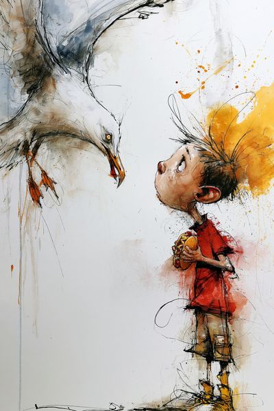 Boy and Seagull Illustration Poster.