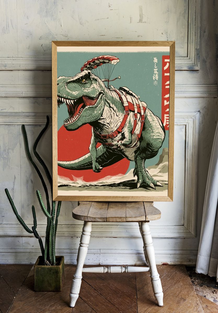 Parachuting T-Rex Retro Poster. room preview
