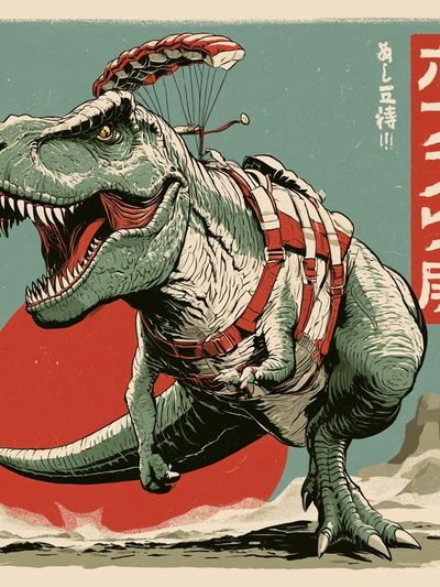 Parachuting T-Rex Retro Poster. poster