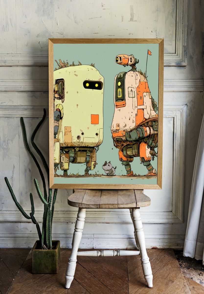 Retro Robots Illustration Print. room preview