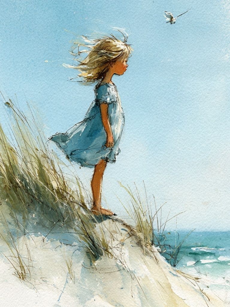 Girl on the Dune Watercolor Print. poster detail