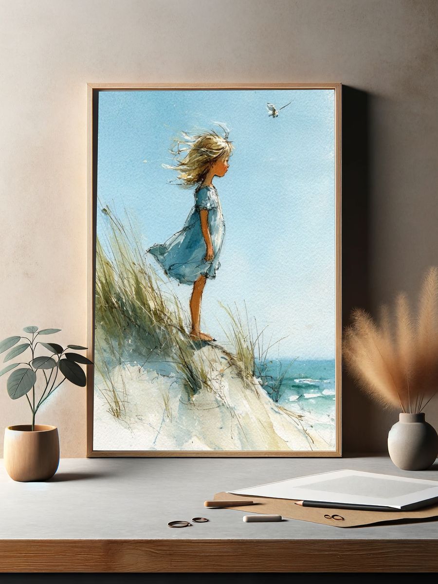 Girl on the Dune Watercolor Print. — room view 2