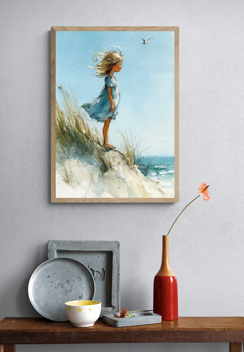 Girl on the Dune Watercolor Print. — room view 3