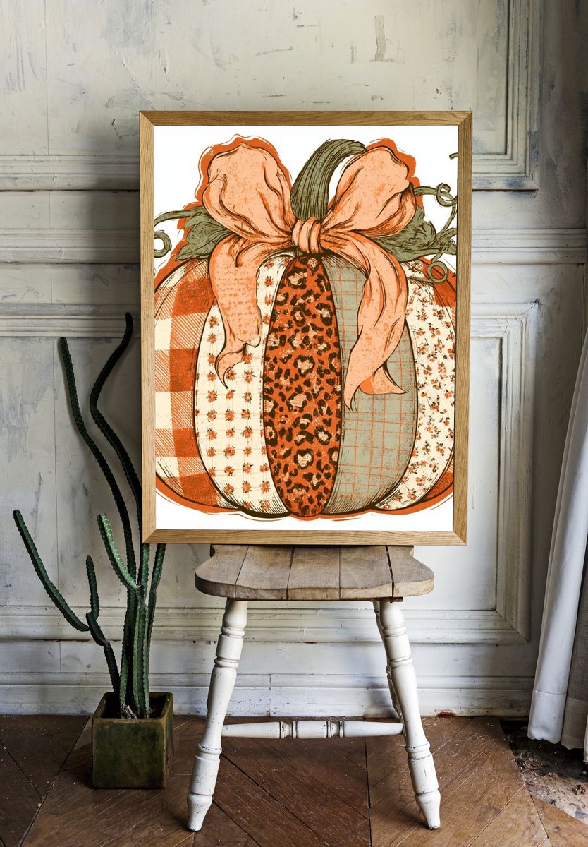 Patchwork Pumpkin Vintage Print. room preview