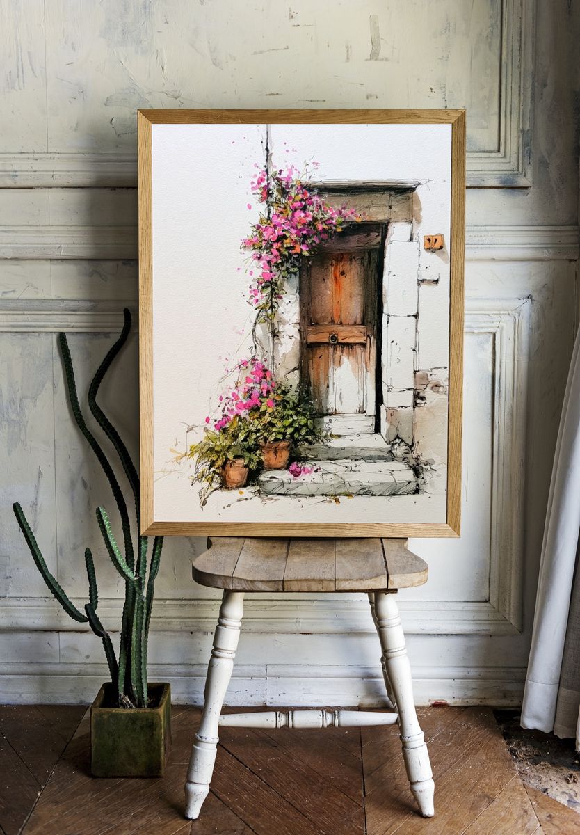 Bougainvillea Doorway Watercolor Print. — room view 1