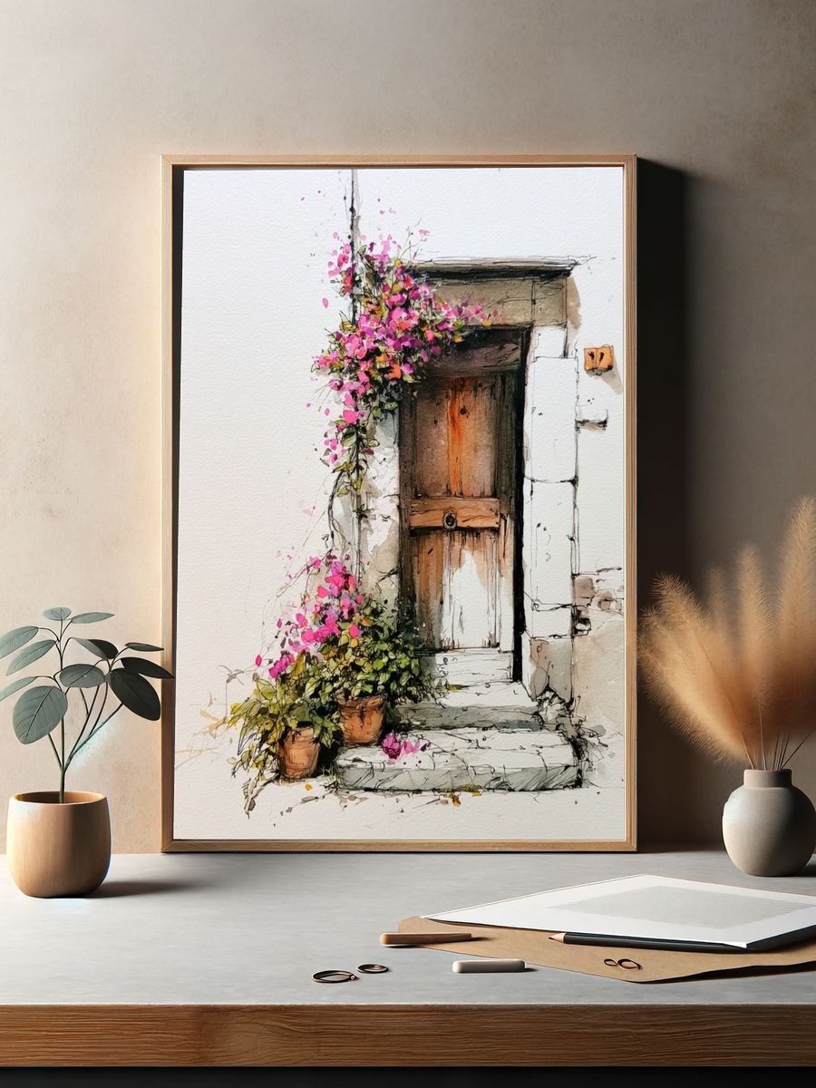 Bougainvillea Doorway Watercolor Print. — room view 2