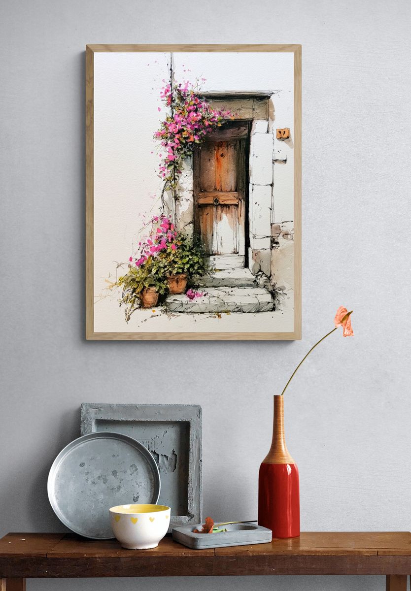 Bougainvillea Doorway Watercolor Print. — room view 3