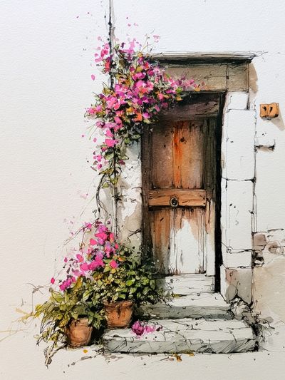 Bougainvillea Doorway Watercolor Print. poster