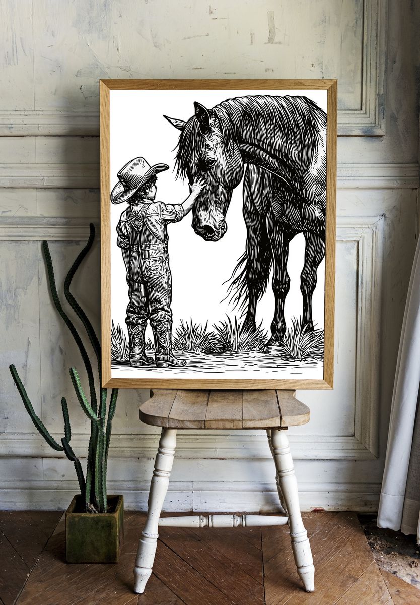 Cowboy and Horse Line Art Poster. — room view 1
