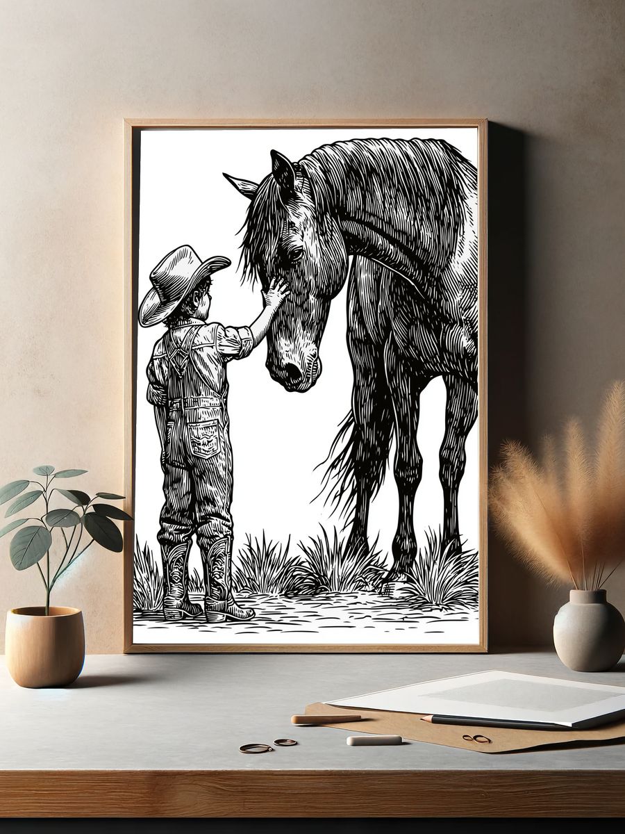 Cowboy and Horse Line Art Poster. — room view 2