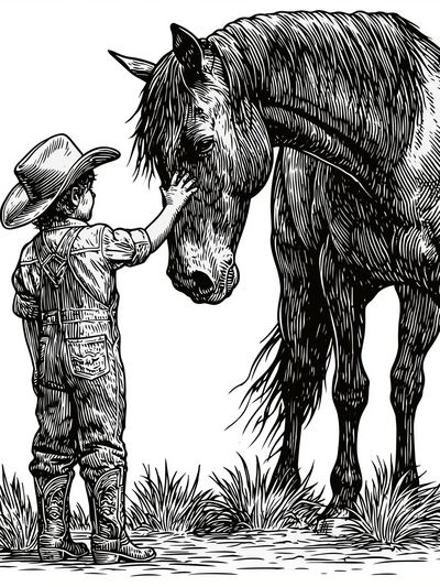 Cowboy and Horse Line Art Poster.