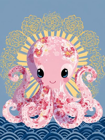 Floral Octopus Kawaii Print.