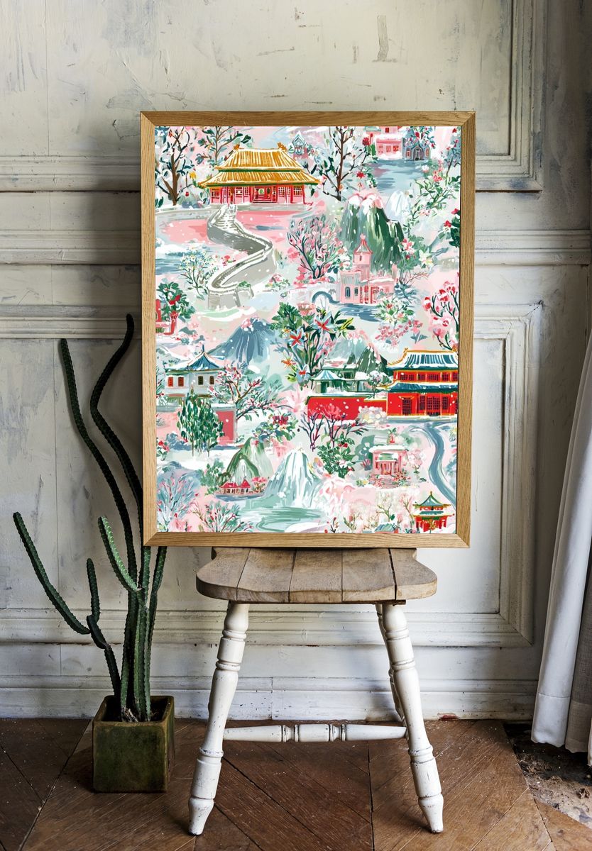 Chinese Garden Dreamscape Illustration Poster. — room view 1