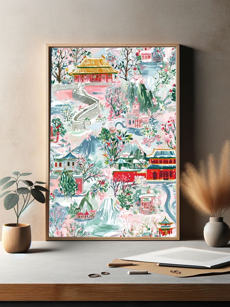 Chinese Garden Dreamscape Illustration Poster. — room view 2