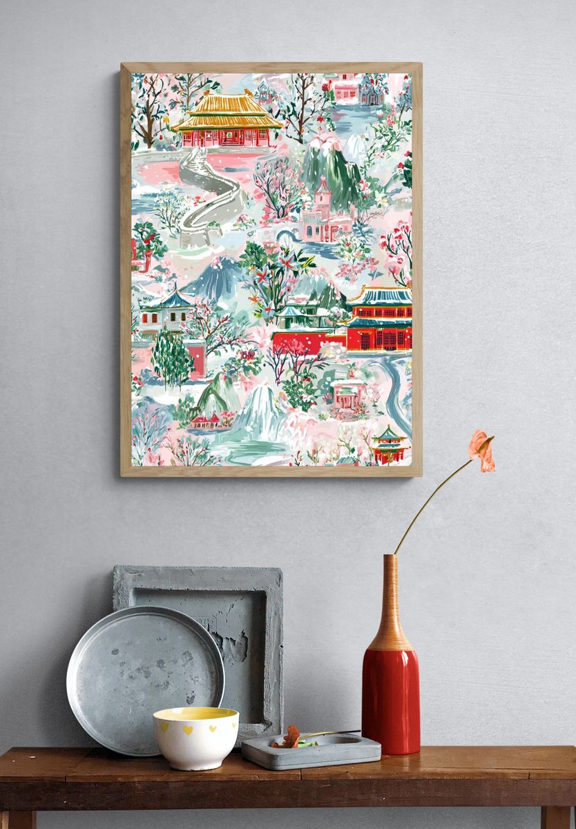 Chinese Garden Dreamscape Illustration Poster. — room view 3