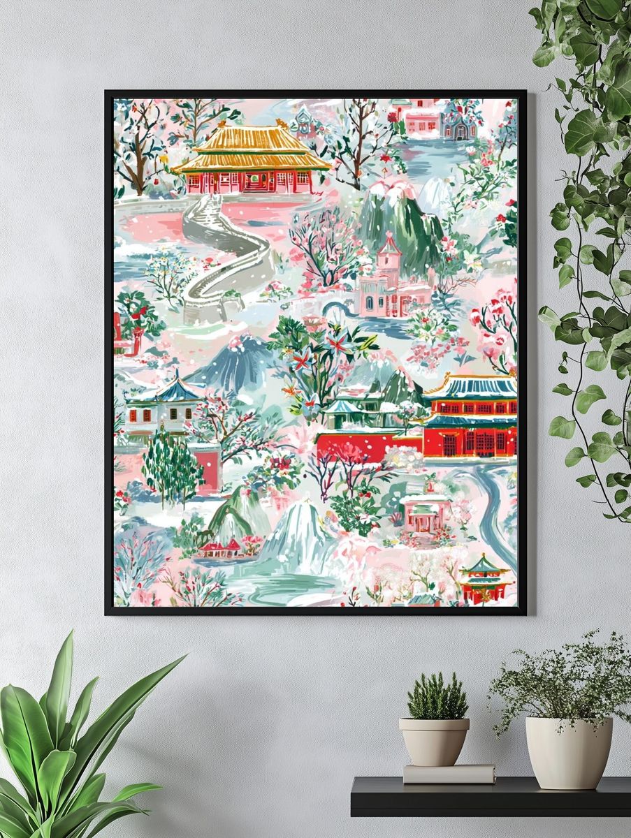 Chinese Garden Dreamscape Illustration Poster. — room view 4