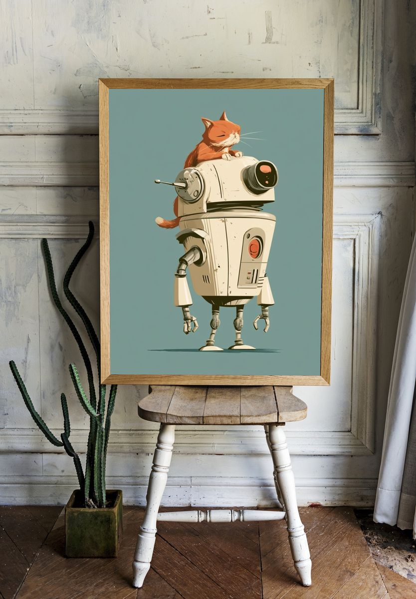 Cat on Robot Illustration Poster. room preview