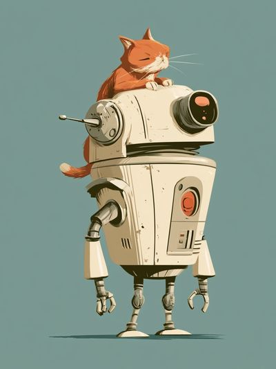 Cat on Robot Illustration Poster.