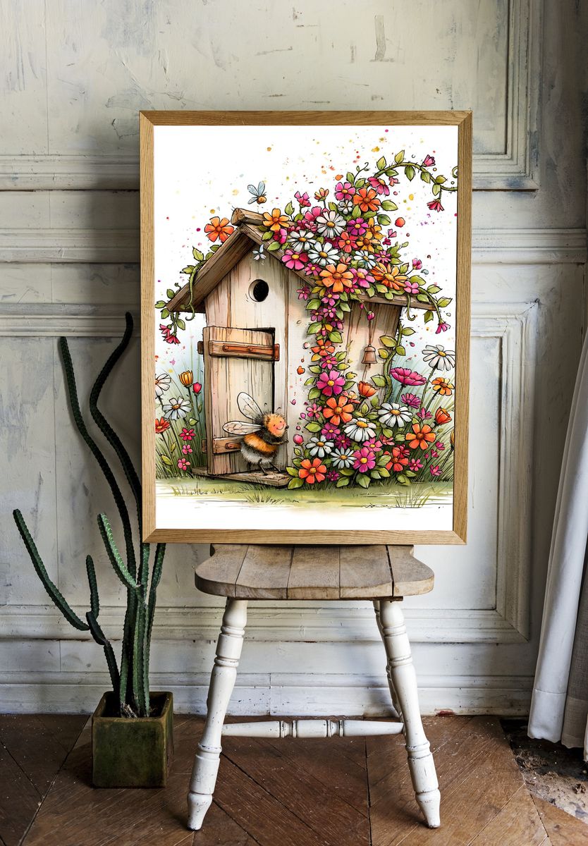 Flowering Birdhouse Garden Illustration Poster. — room view 1