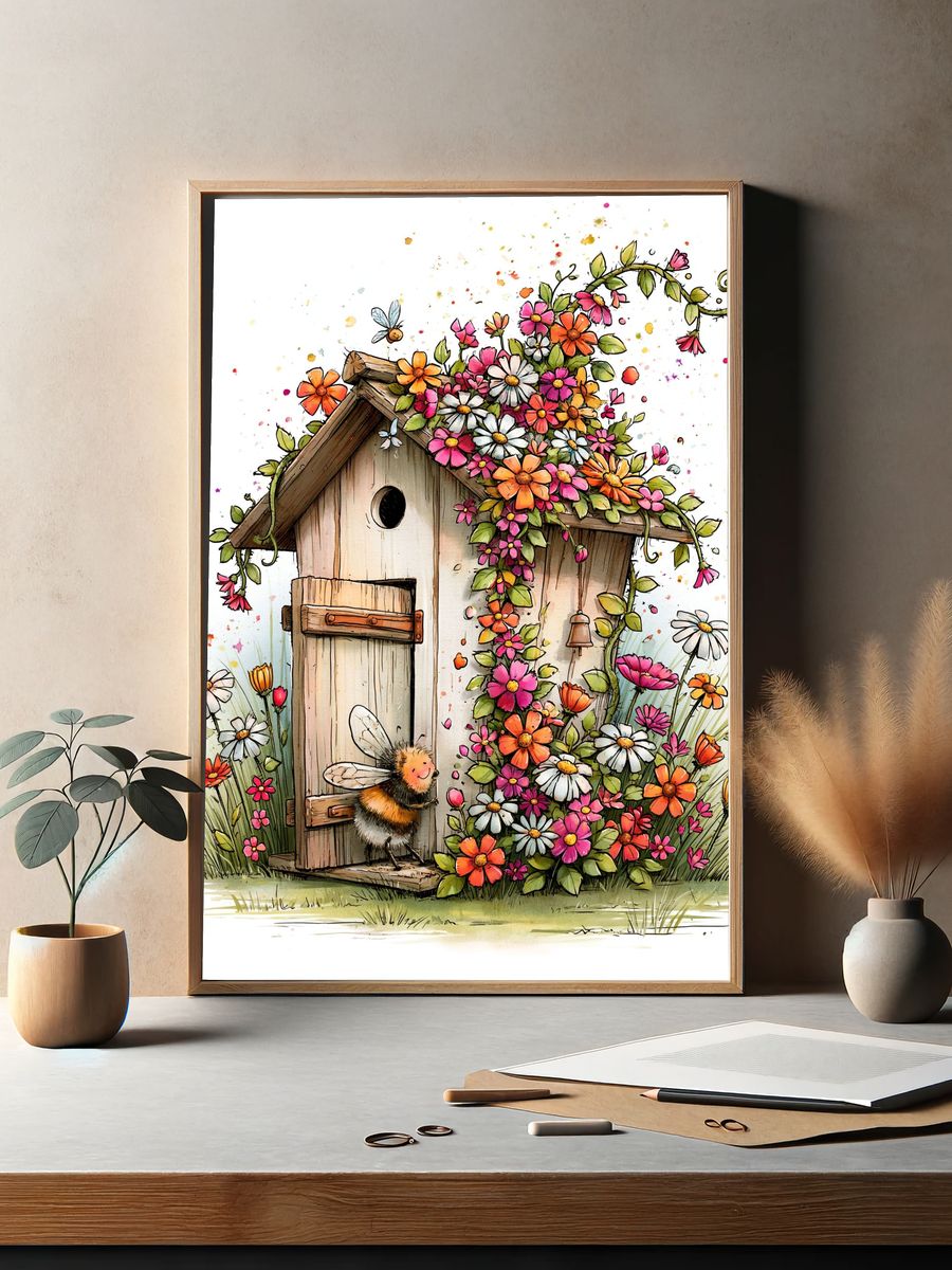 Flowering Birdhouse Garden Illustration Poster. — room view 2