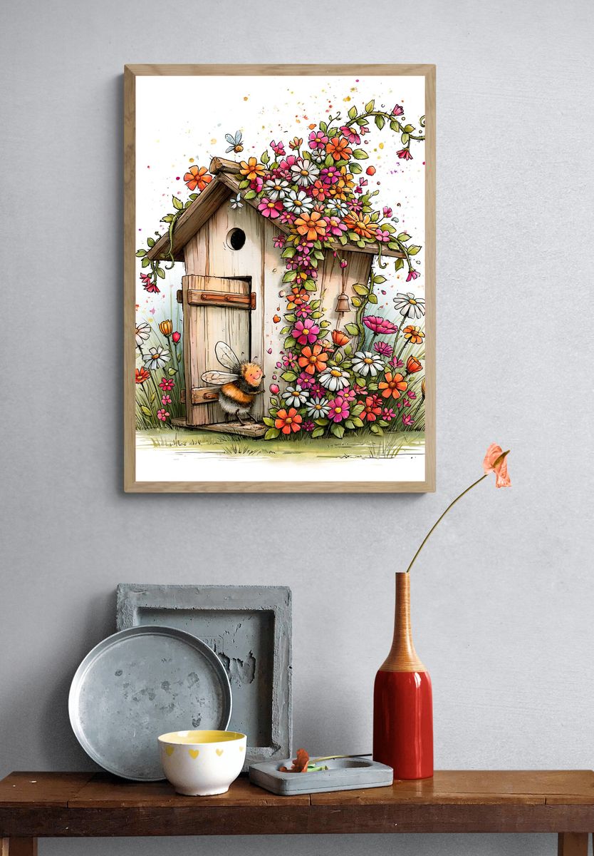 Flowering Birdhouse Garden Illustration Poster. — room view 3
