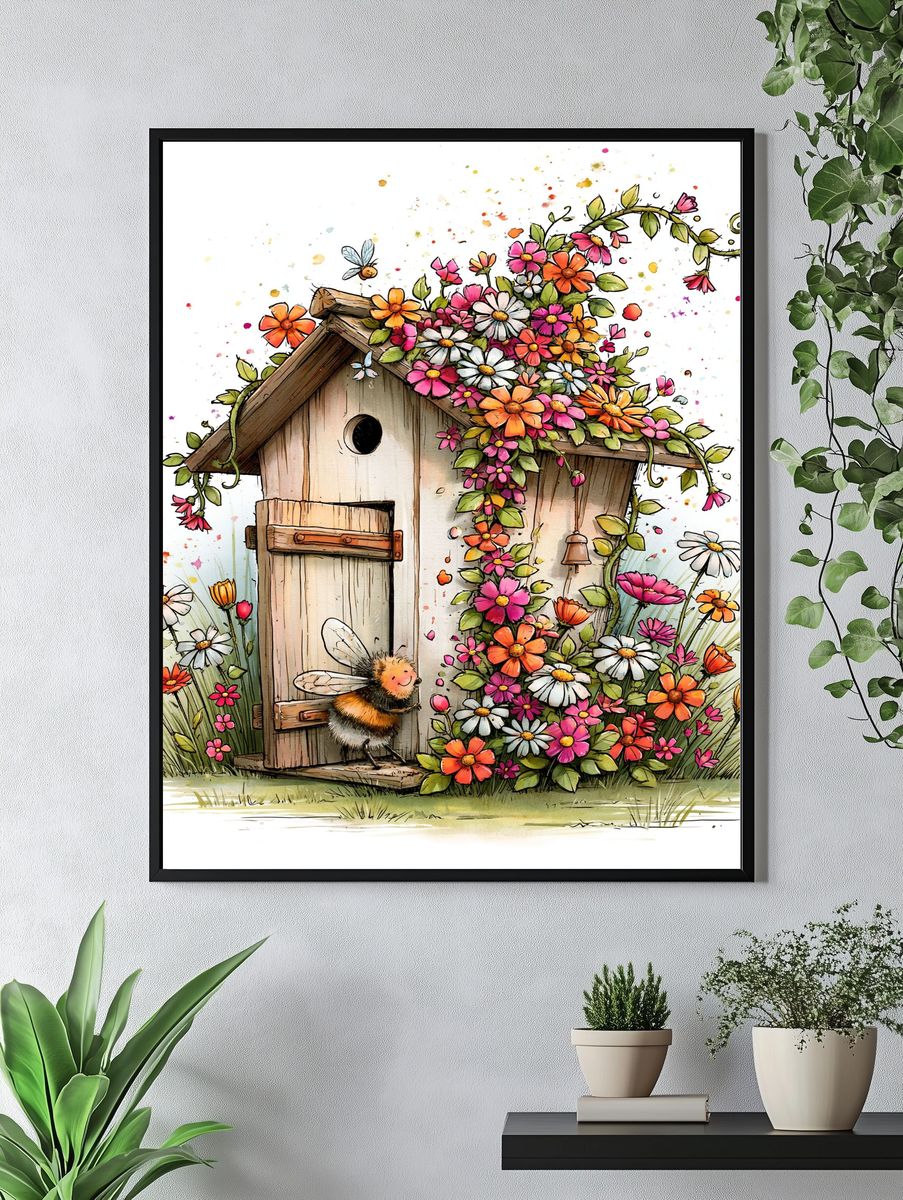 Flowering Birdhouse Garden Illustration Poster. — room view 4