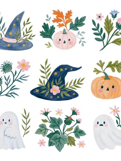 Halloween Botanicals Watercolor Poster.
