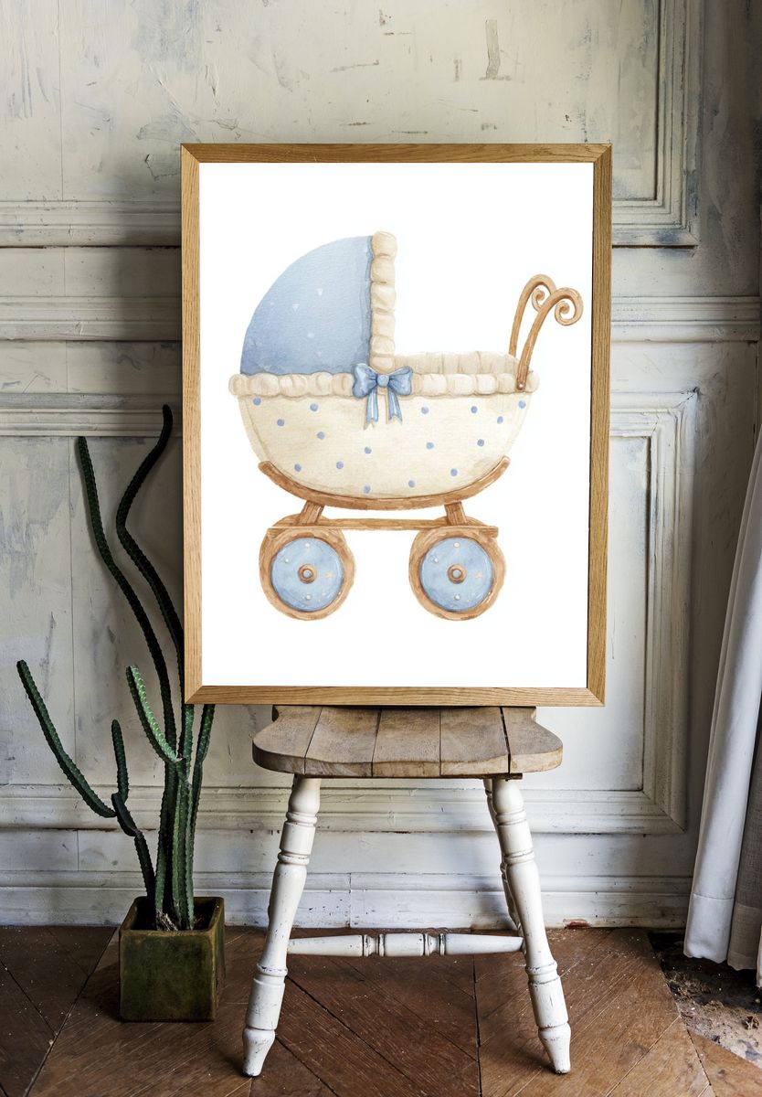 Baby Pram Watercolor Print. room preview