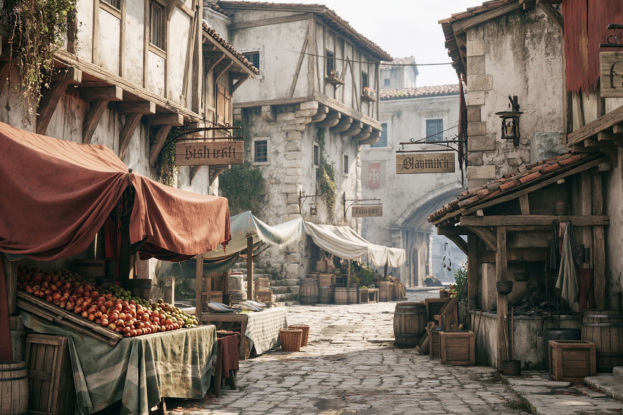 Medieval Market Street Illustration Print. poster detail