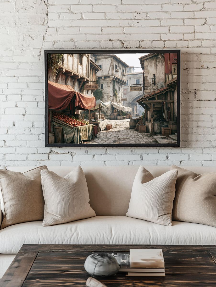 Medieval Market Street Illustration Print. room preview