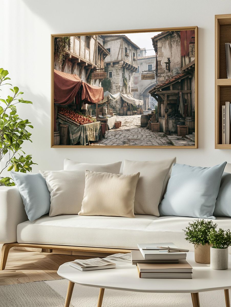 Medieval Market Street Illustration Print. — room view 2
