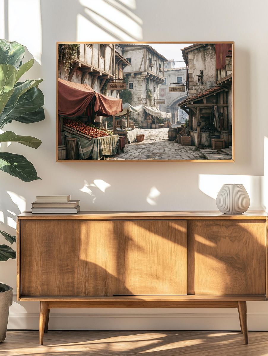 Medieval Market Street Illustration Print. — room view 3