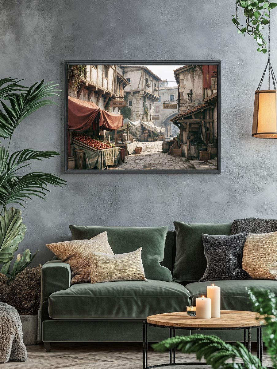 Medieval Market Street Illustration Print. — room view 4