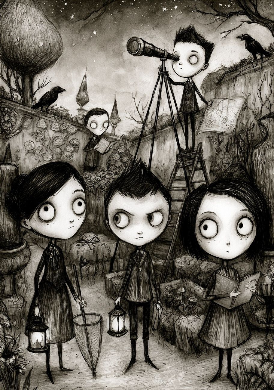 Gothic Children in Garden Illustration Poster. poster detail