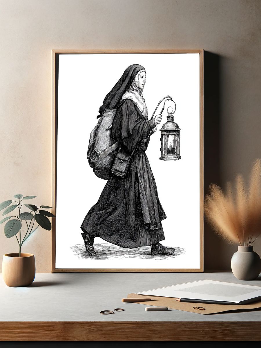 Nun with Lantern Illustration Poster. — room view 2